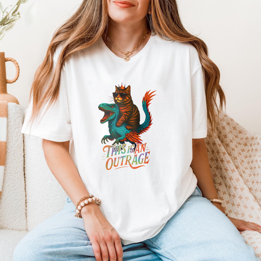 Wardrobecart Cat Riding Dinosaur This Is An Outrage Tshirt