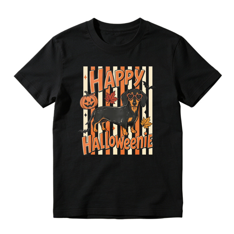 Happy Halloweenie Dachshund Dog Pumpkin Bat Autumn Leaves, Unisex Classic T-shirt