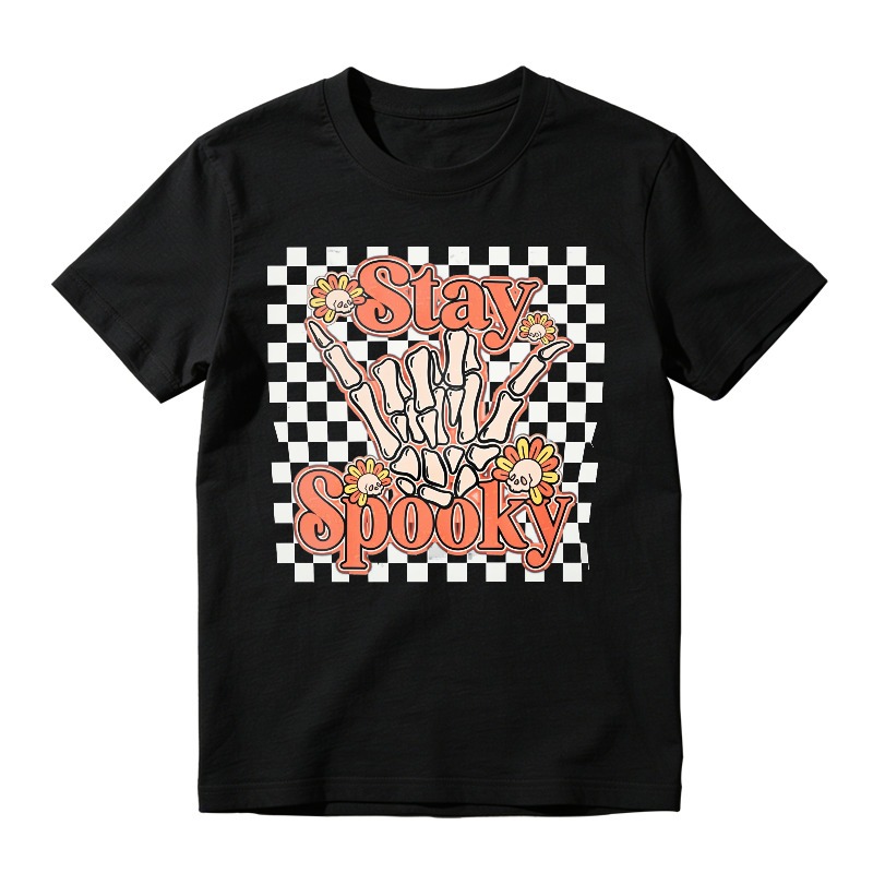 Stay Spooky Skeleton Hand With Flowers On Checkered Background, Unisex Classic T-shirt
