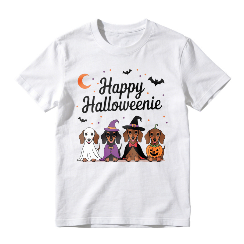 Happy Halloweenie Dachshund Dogs In Ghost Witch And Pumpkin Costumes, Unisex Classic T-shirt