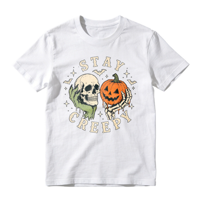 Stay Creepy Skeleton Hand Holding Pumpkin Halloween Graphic, Unisex Classic T-shirt
