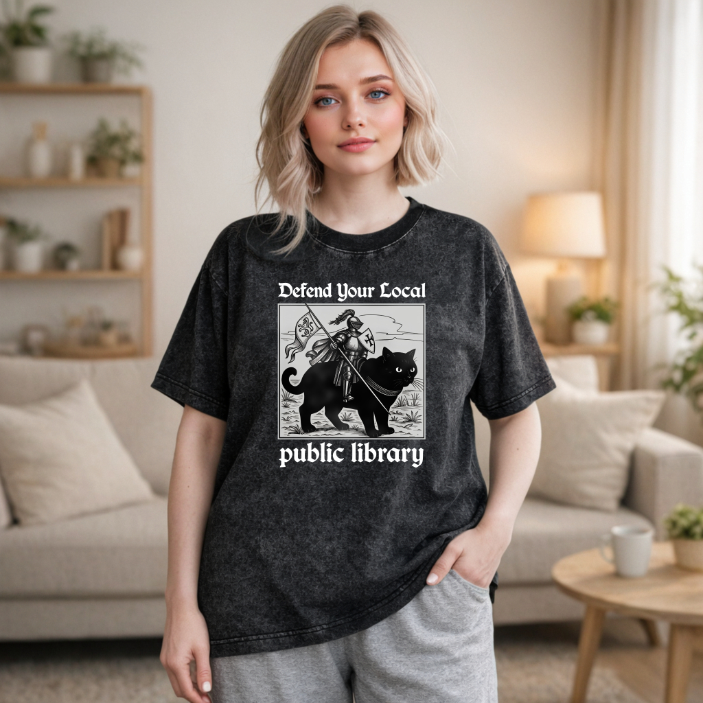 Wardrobecart Knight And Cat Defend Your Local Public Library Unisex Washed T-shirt
