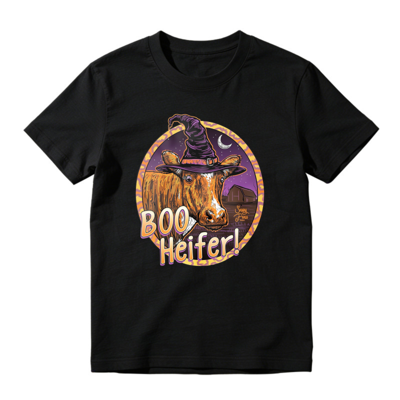 Boo Heifer Halloween Cow Witch Hat Moon Retro Circle Unisex Classic T-shirt