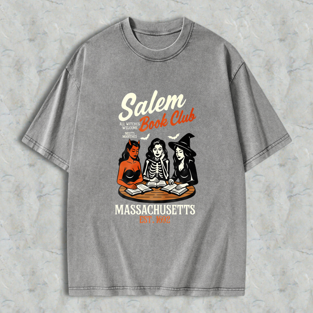 Wardrobecart Salem Book Club Massachusetts Est 1692 Witch Reading Books Vintage Horror Theme Unisex Washed T-shirt