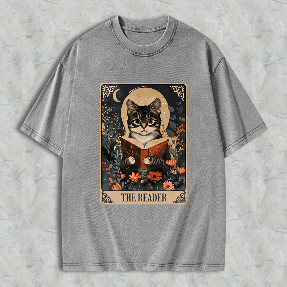 Wardrobecart Cat Reading Book With Floral Background And Moon The Reader Unisex Washed T-shirt