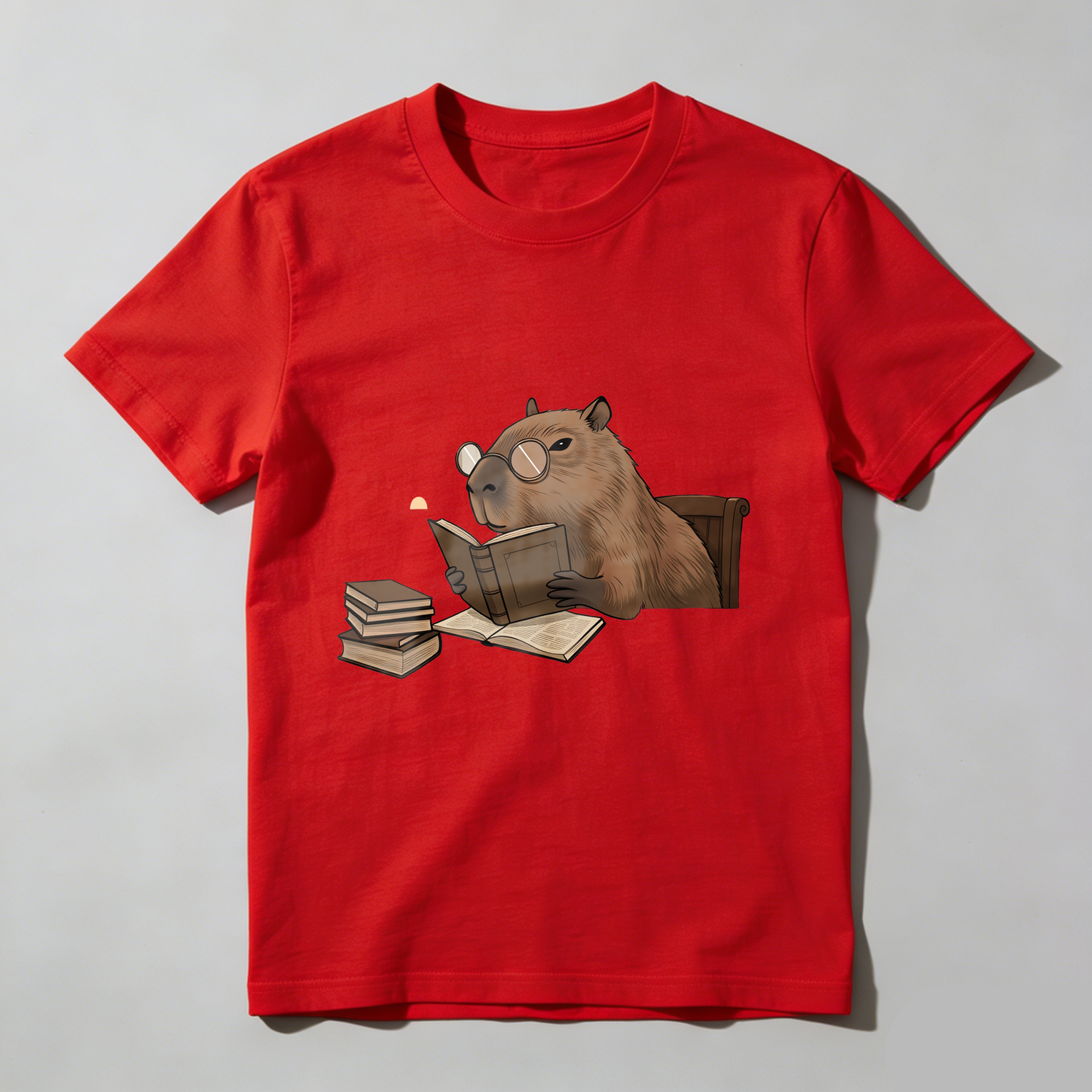 Wardrobecart Capybara Reading Book With Glasses And Stack Of Books Tshirt