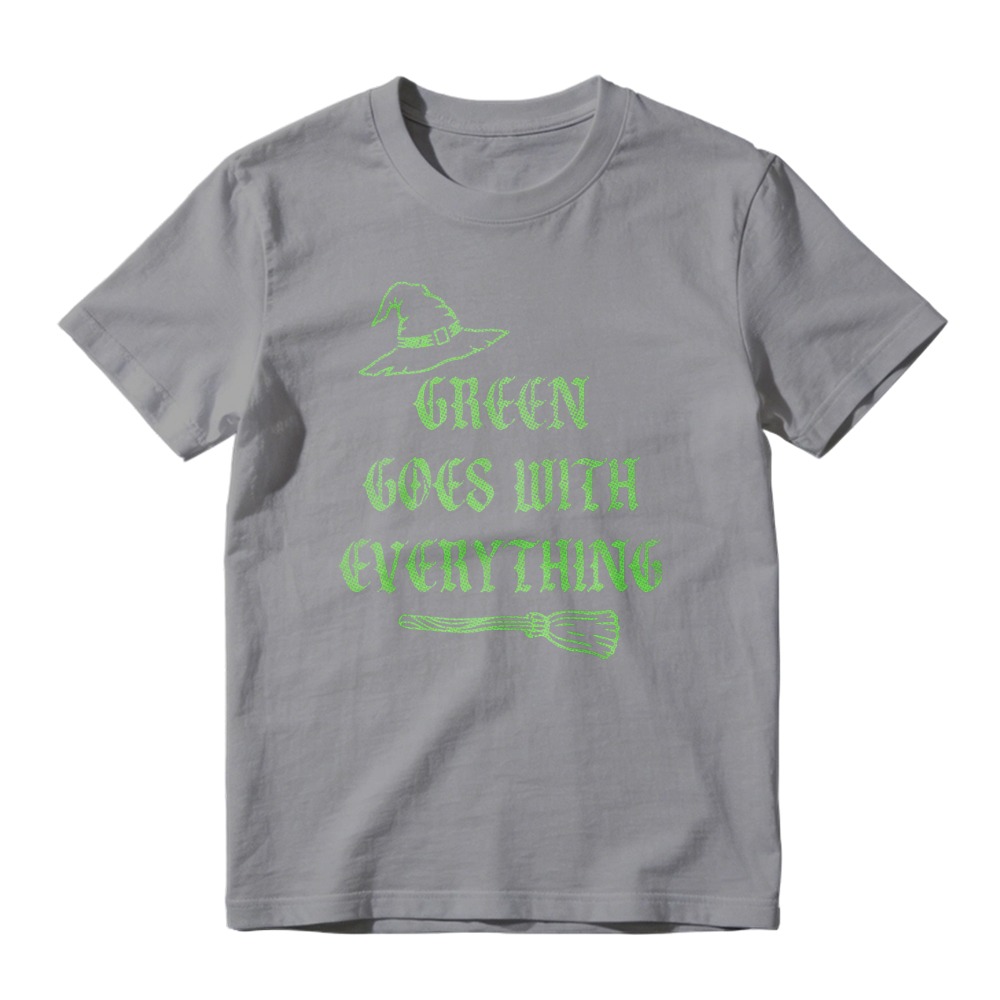 Green Goes With Everything Witch Hat And Broomstick Halloween Graphic T-shirt