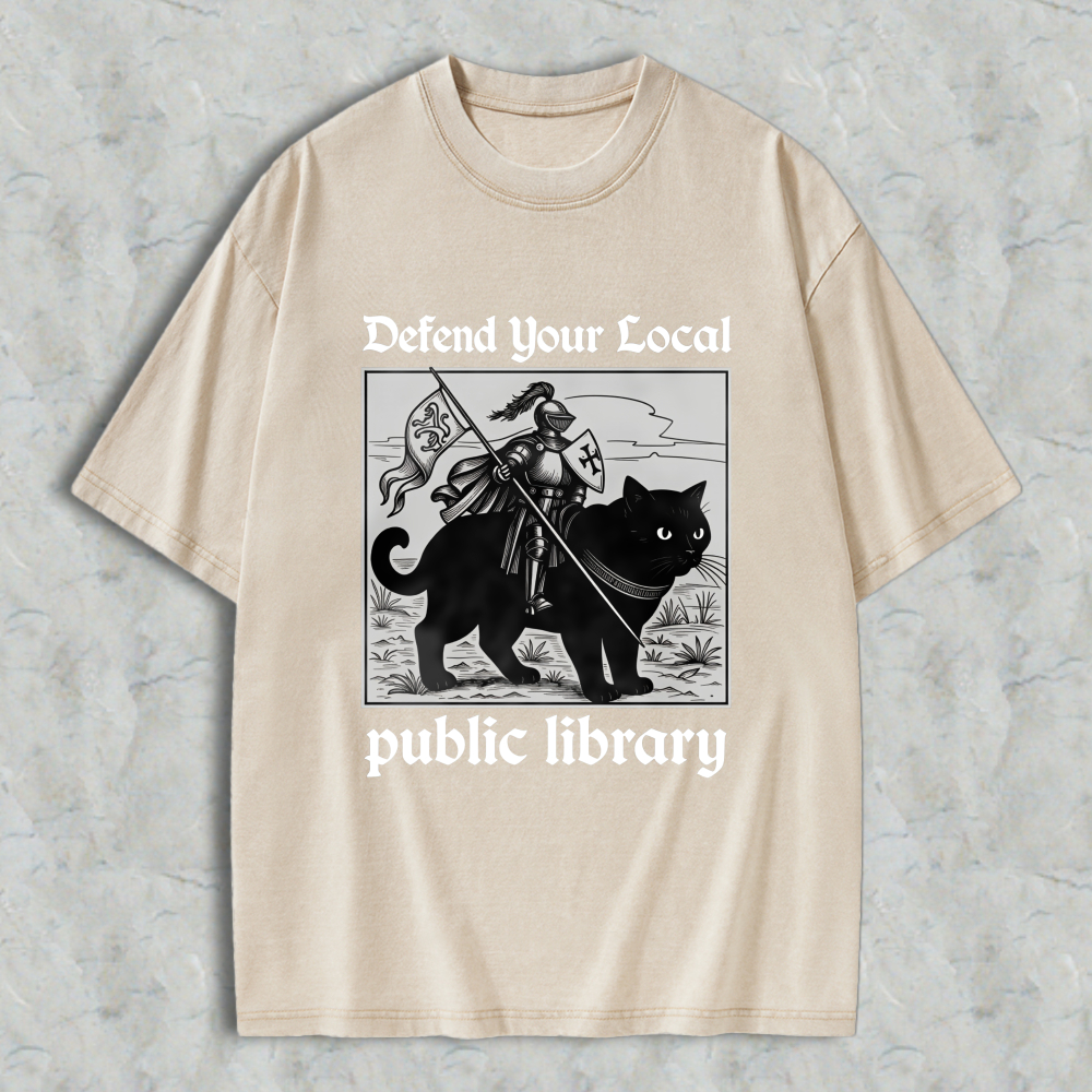 Wardrobecart Knight And Cat Defend Your Local Public Library Unisex Washed T-shirt