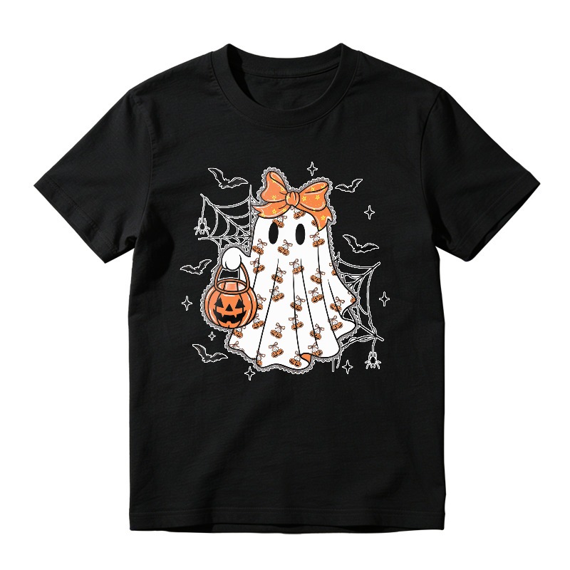 Cute Ghost With Orange Bow And Pumpkin Bucket Halloween Design Unisex Classic T-shirt
