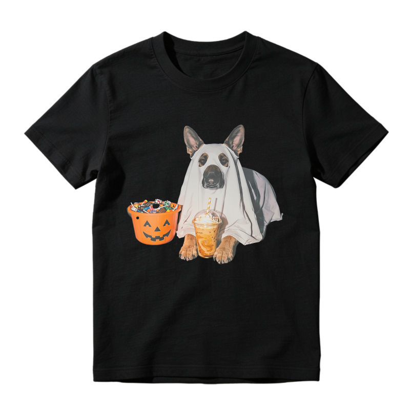 Halloween Dog In Ghost Costume With Pumpkin Candy Bucket And Drink, Unisex Classic T-shirt
