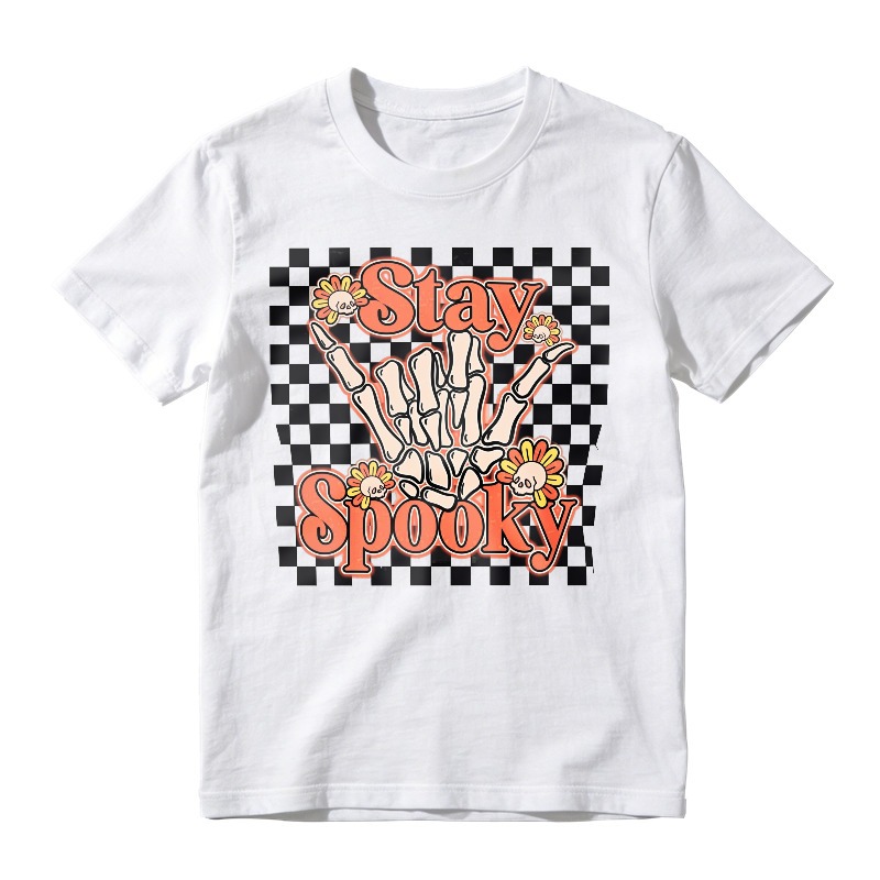 Stay Spooky Skeleton Hand With Flowers On Checkered Background, Unisex Classic T-shirt