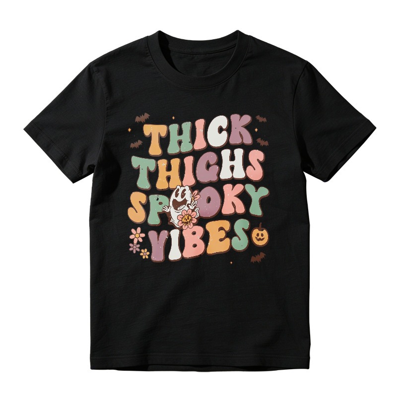 Thick Thighs Spooky Vibes Retro Halloween Ghost Pumpkin Bat Floral Graphic, Unisex Classic T-shirt