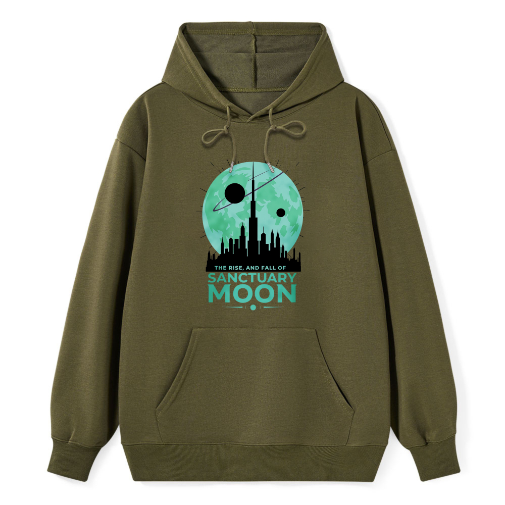 Wardrobecart Sanctuary Moon Cityscape With Planet And Text The Rise And Fall Of Sanctuary Moon Unisex Classic Hoodie