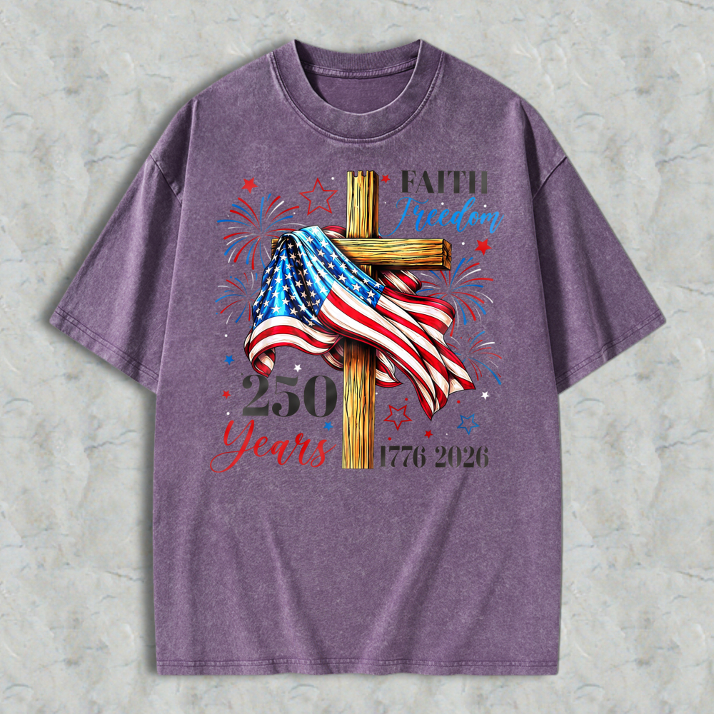 American Flag Cross Faith Freedom 250 Years 1776 2026 Washed T-shirt