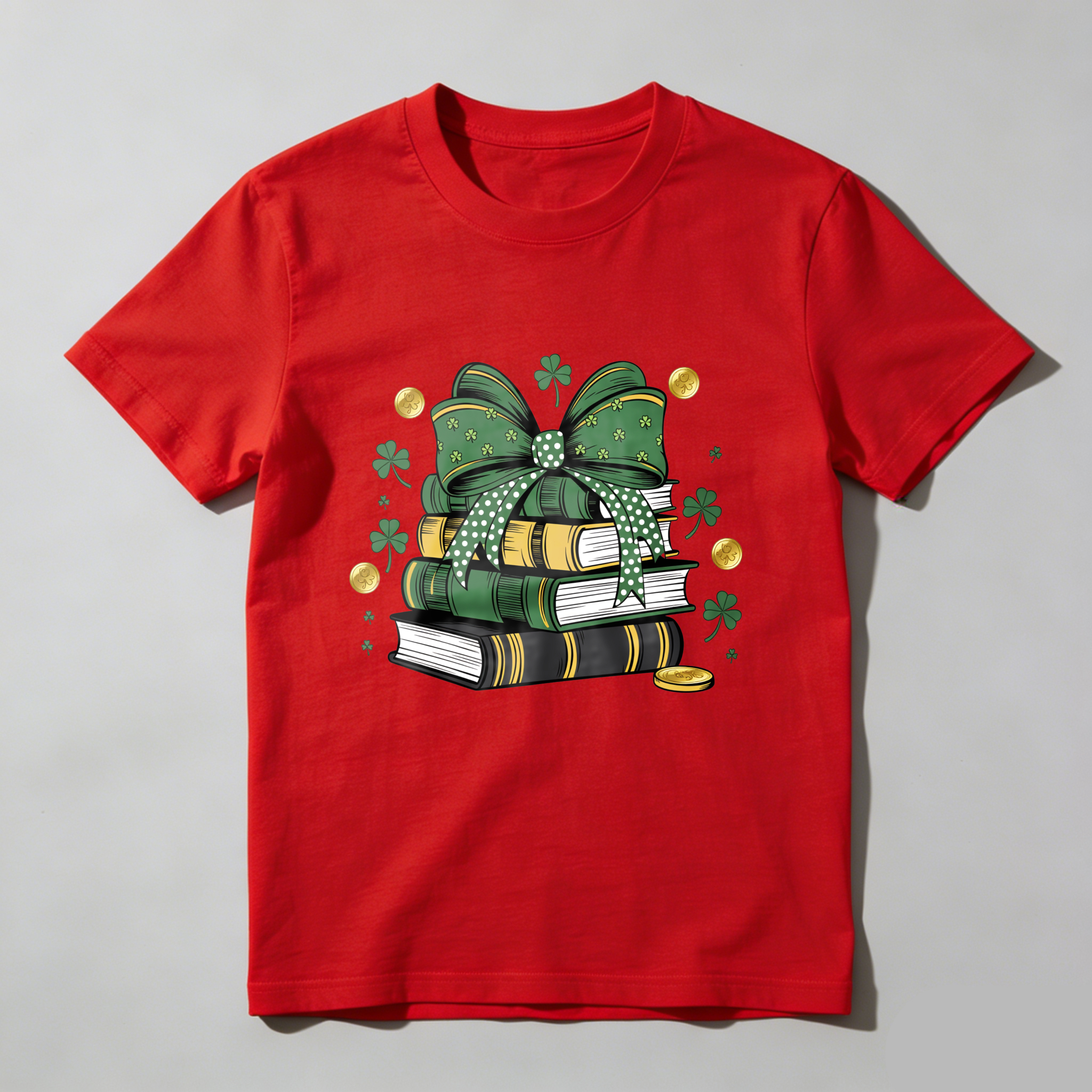Wardrobecart Green Bow Books Clover Gold Coins tshirt