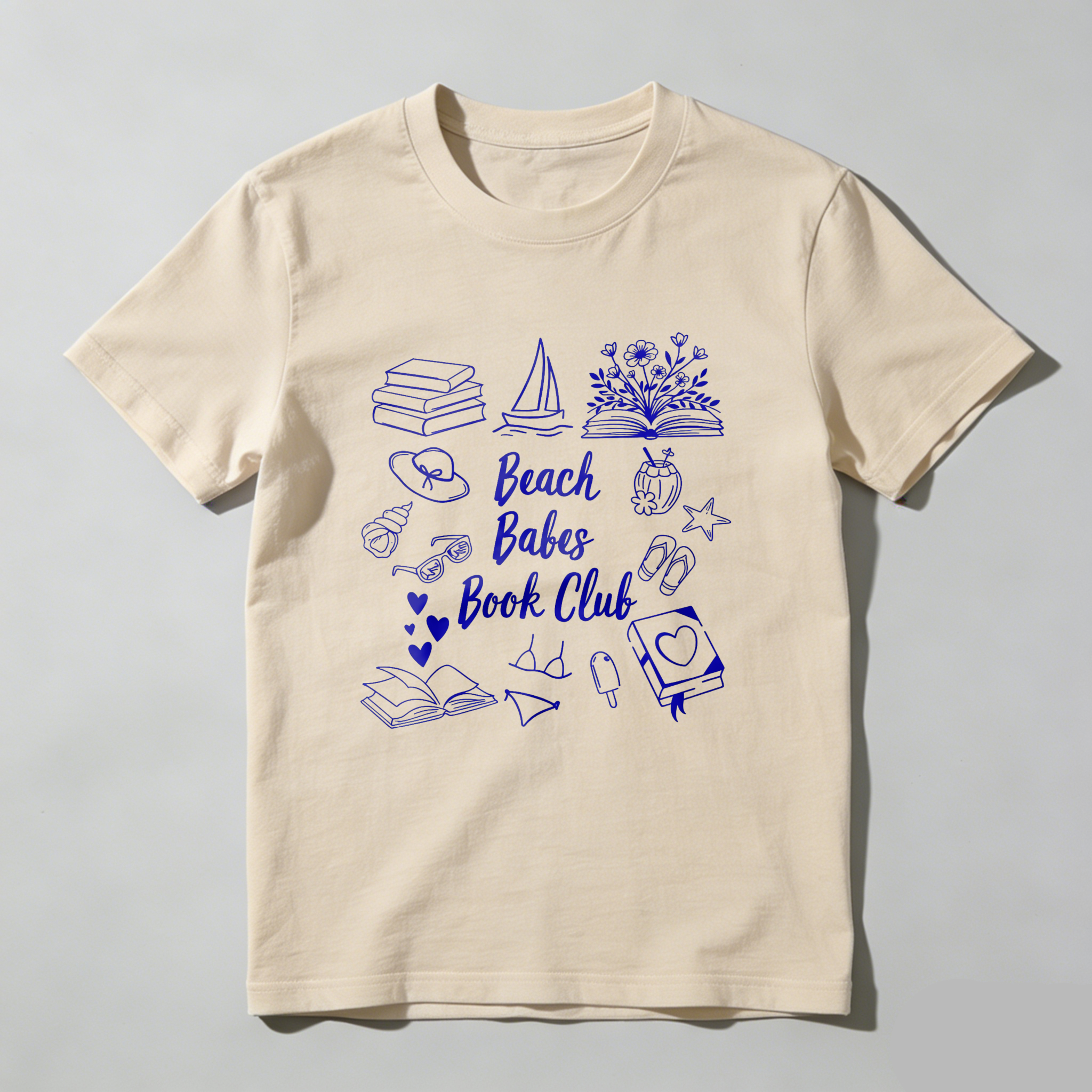 Wardrobecart Beach Babes Book Club Theme With Books And Beach Icons Tshirt 100% cotton