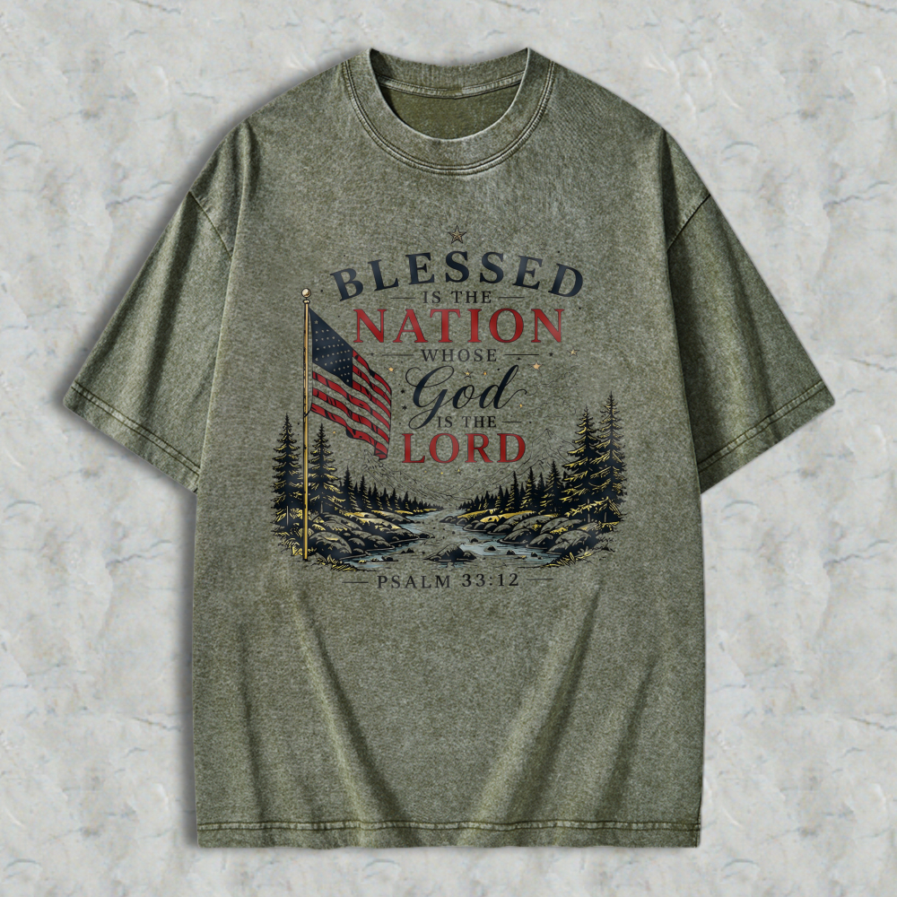 Blessed Is The Nation Whose God Is The Lord Psalm 3312 American Flag Mountain Landscape Washed T-shirt