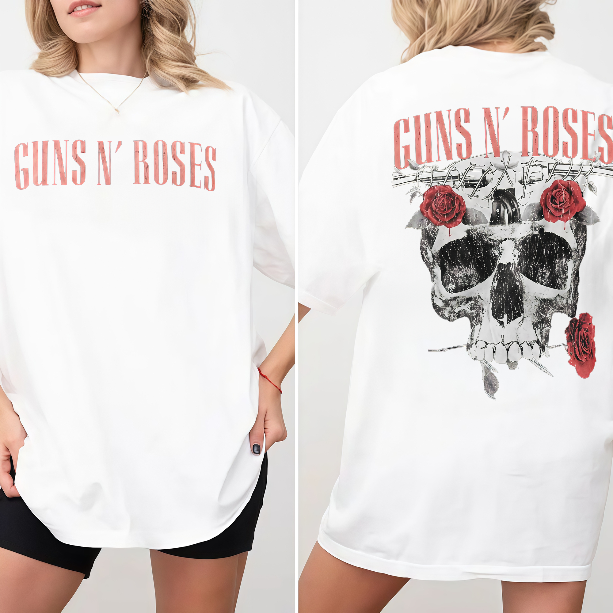 Guns N' Roses Black T-Shirt - Front & Back Print Skull and Roses Graphic Tee