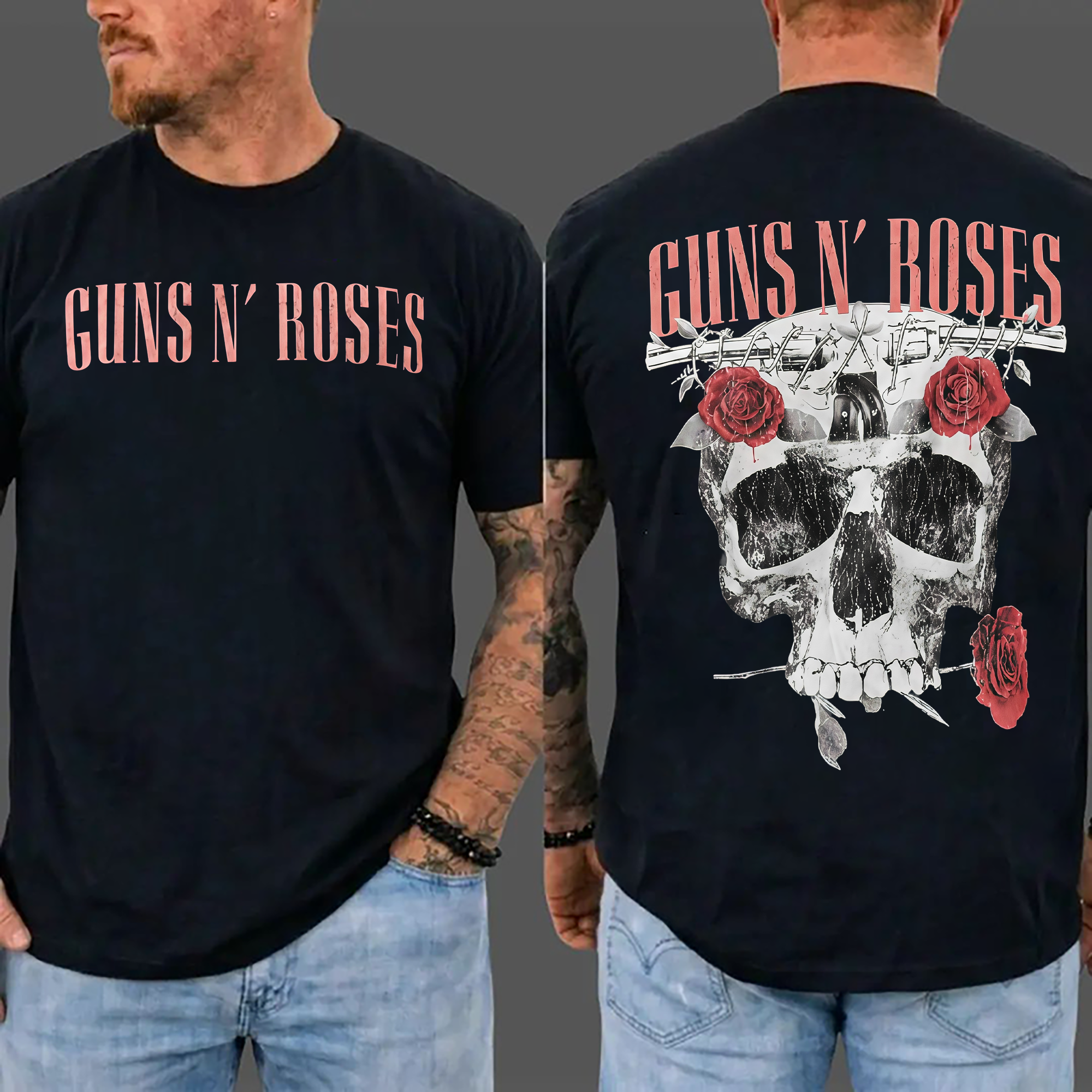 Guns N' Roses Black T-Shirt - Front & Back Print Skull and Roses Graphic Tee