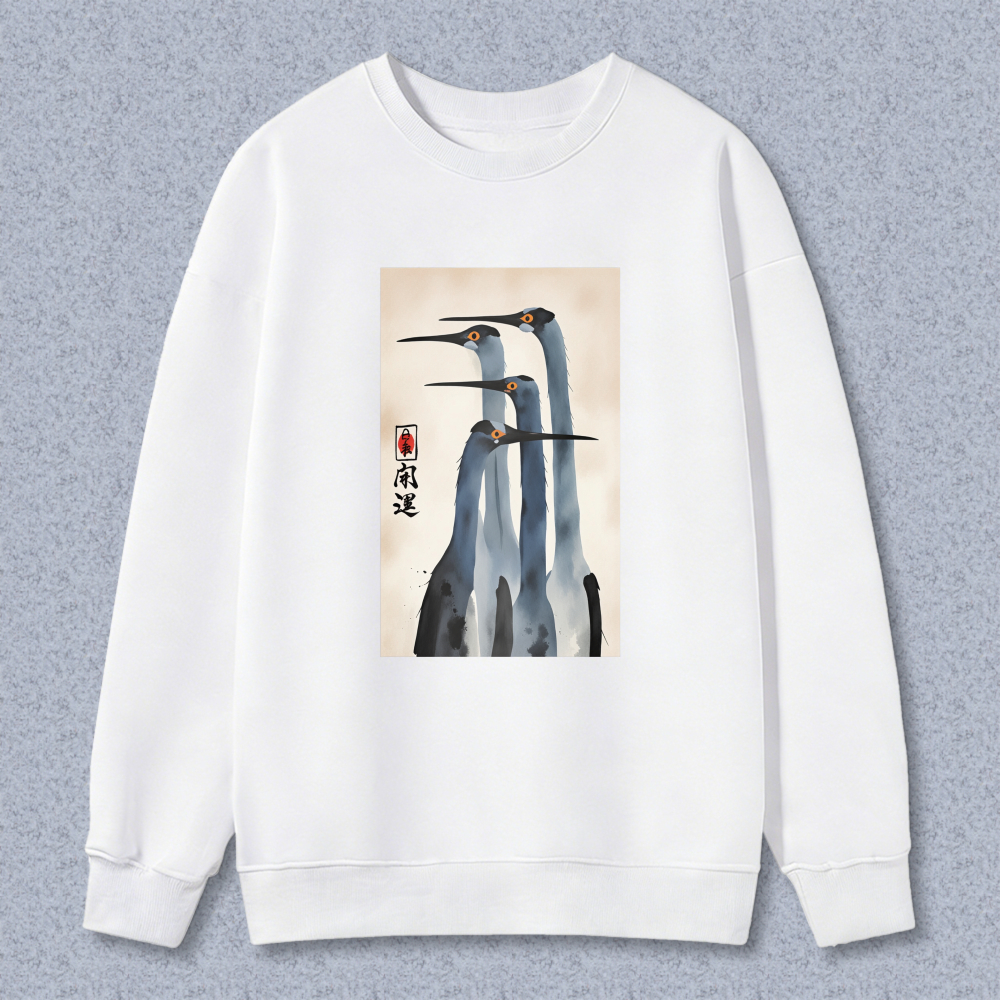 Chinese Painting Crane Art Sweatshirt Unisex Crewneck Pullover Long Sleeve Casual Top