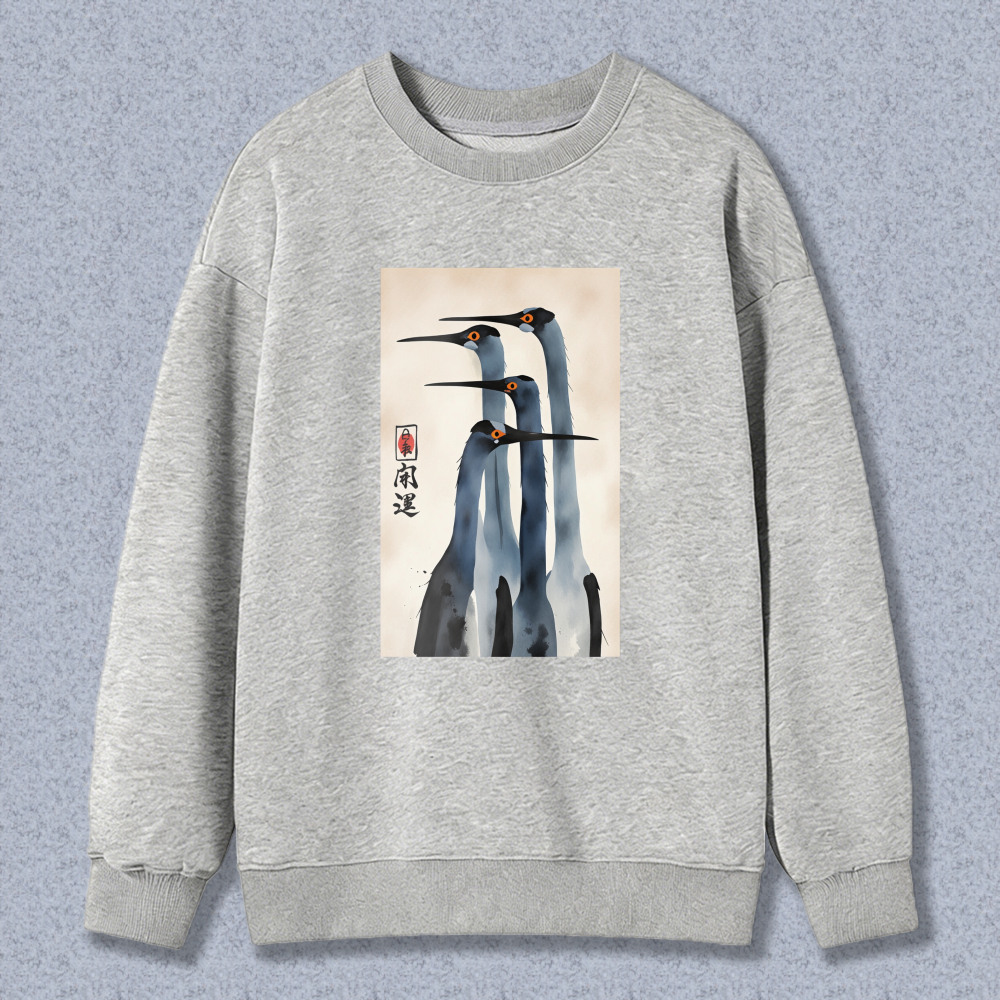 Chinese Painting Crane Art Sweatshirt Unisex Crewneck Pullover Long Sleeve Casual Top