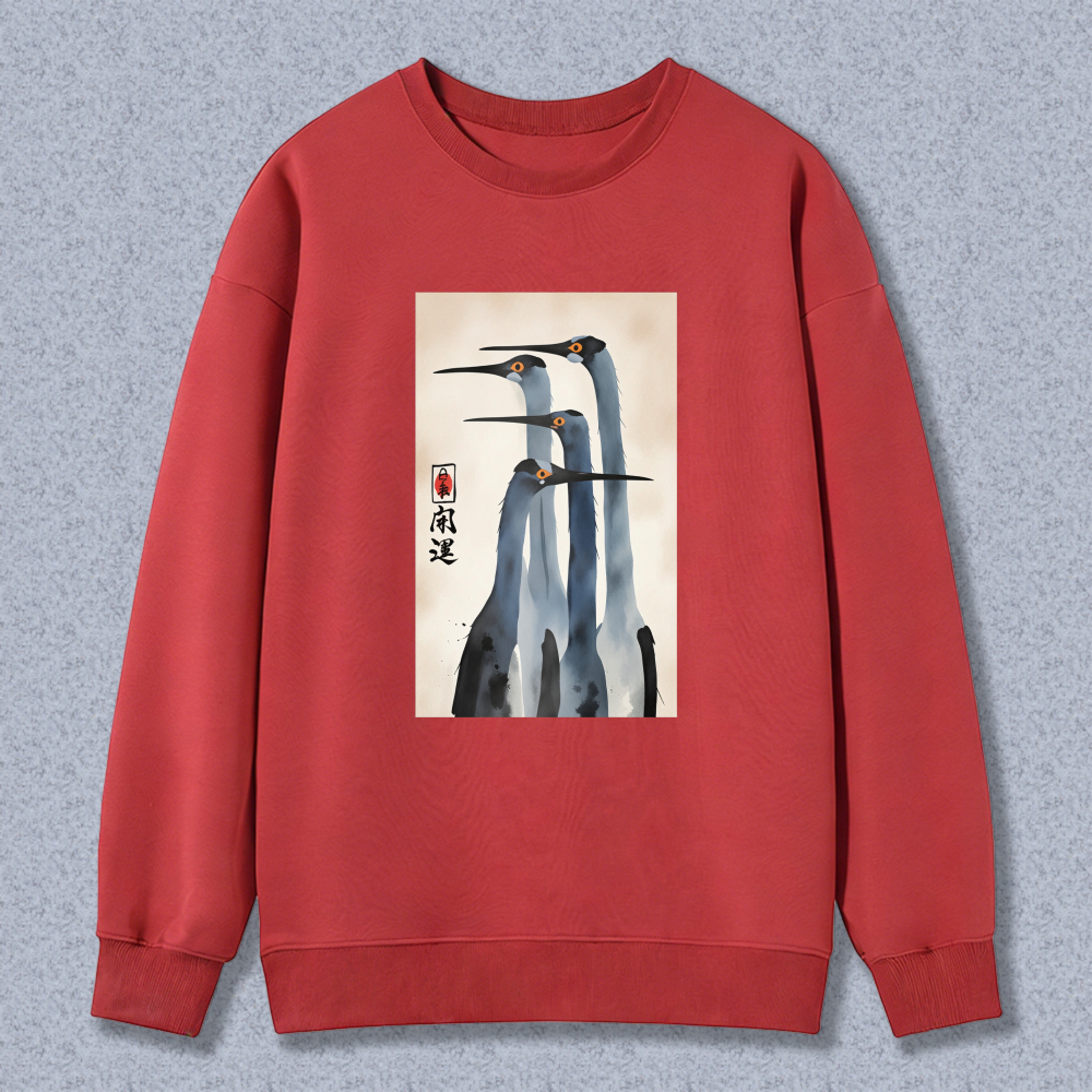 Chinese Painting Crane Art Sweatshirt Unisex Crewneck Pullover Long Sleeve Casual Top
