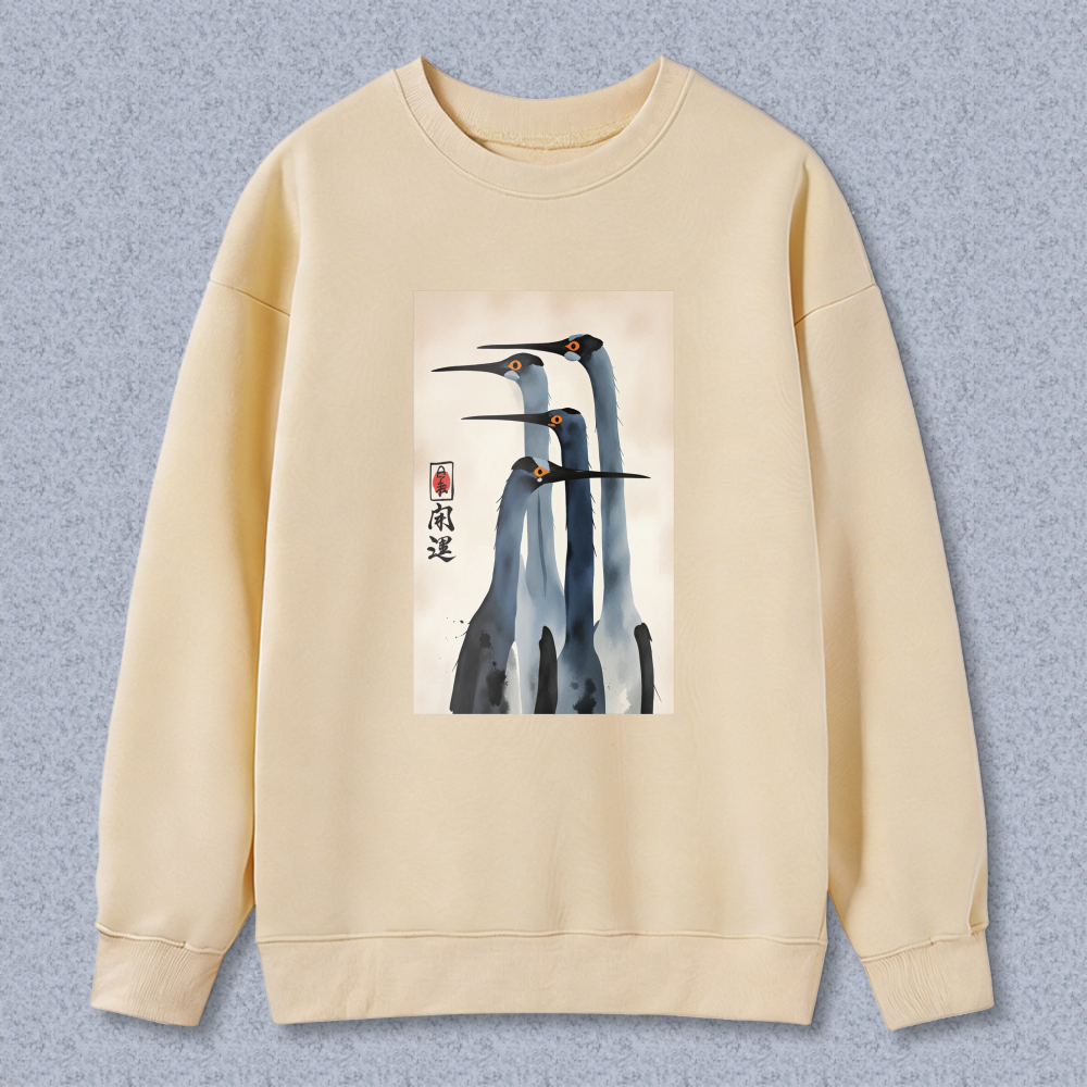 Chinese Painting Crane Art Sweatshirt Unisex Crewneck Pullover Long Sleeve Casual Top