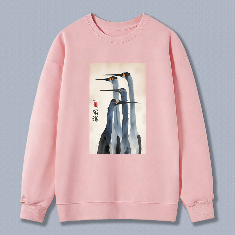 Chinese Painting Crane Art Sweatshirt Unisex Crewneck Pullover Long Sleeve Casual Top
