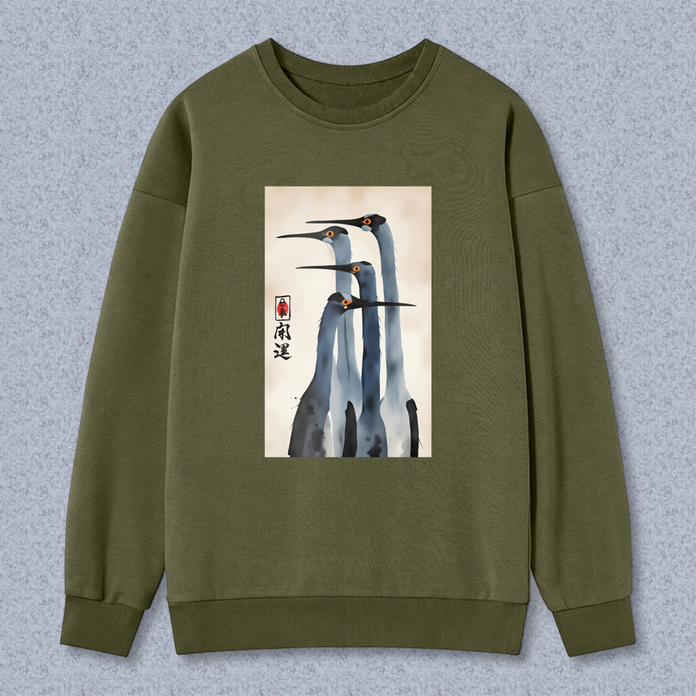 Chinese Painting Crane Art Sweatshirt Unisex Crewneck Pullover Long Sleeve Casual Top