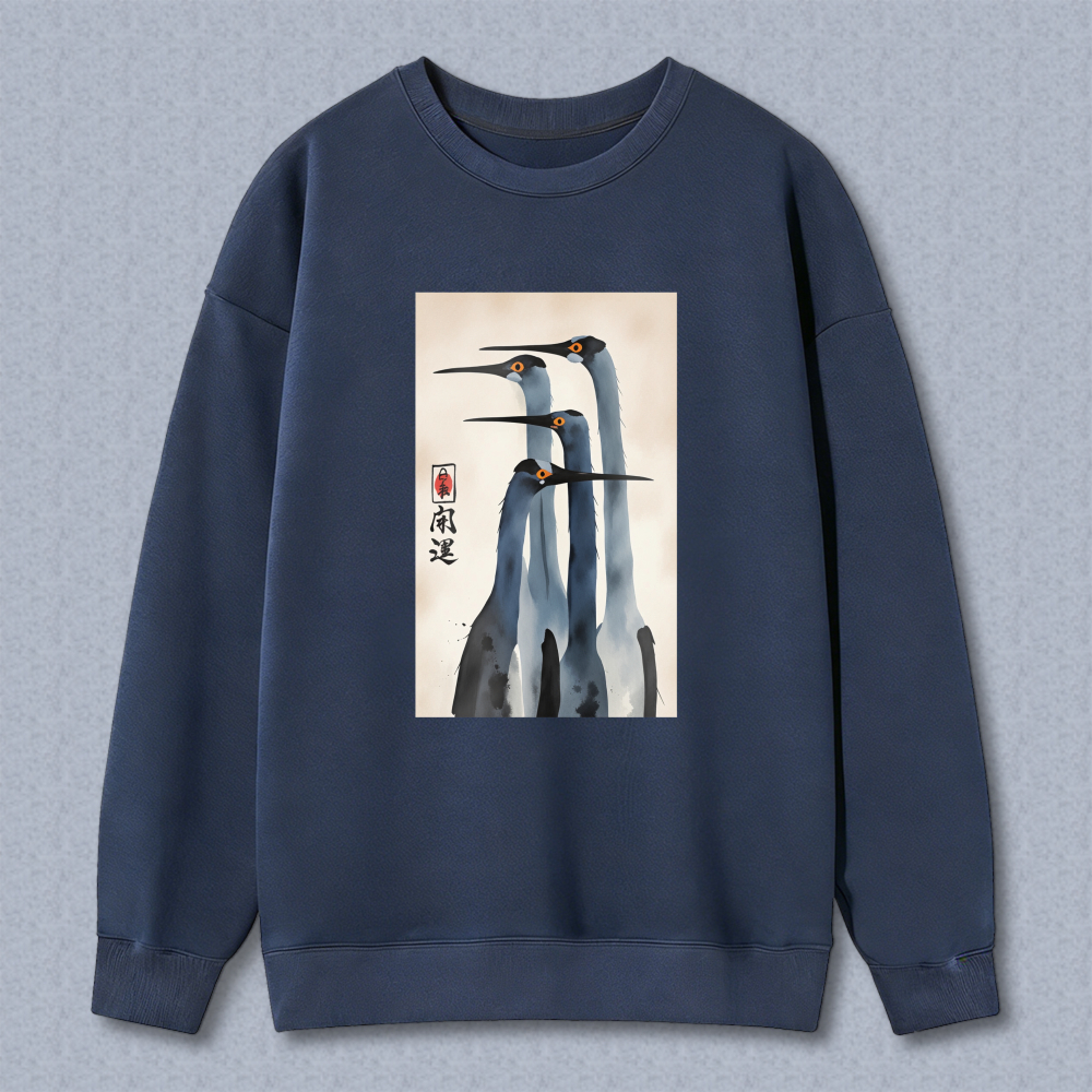 Chinese Painting Crane Art Sweatshirt Unisex Crewneck Pullover Long Sleeve Casual Top