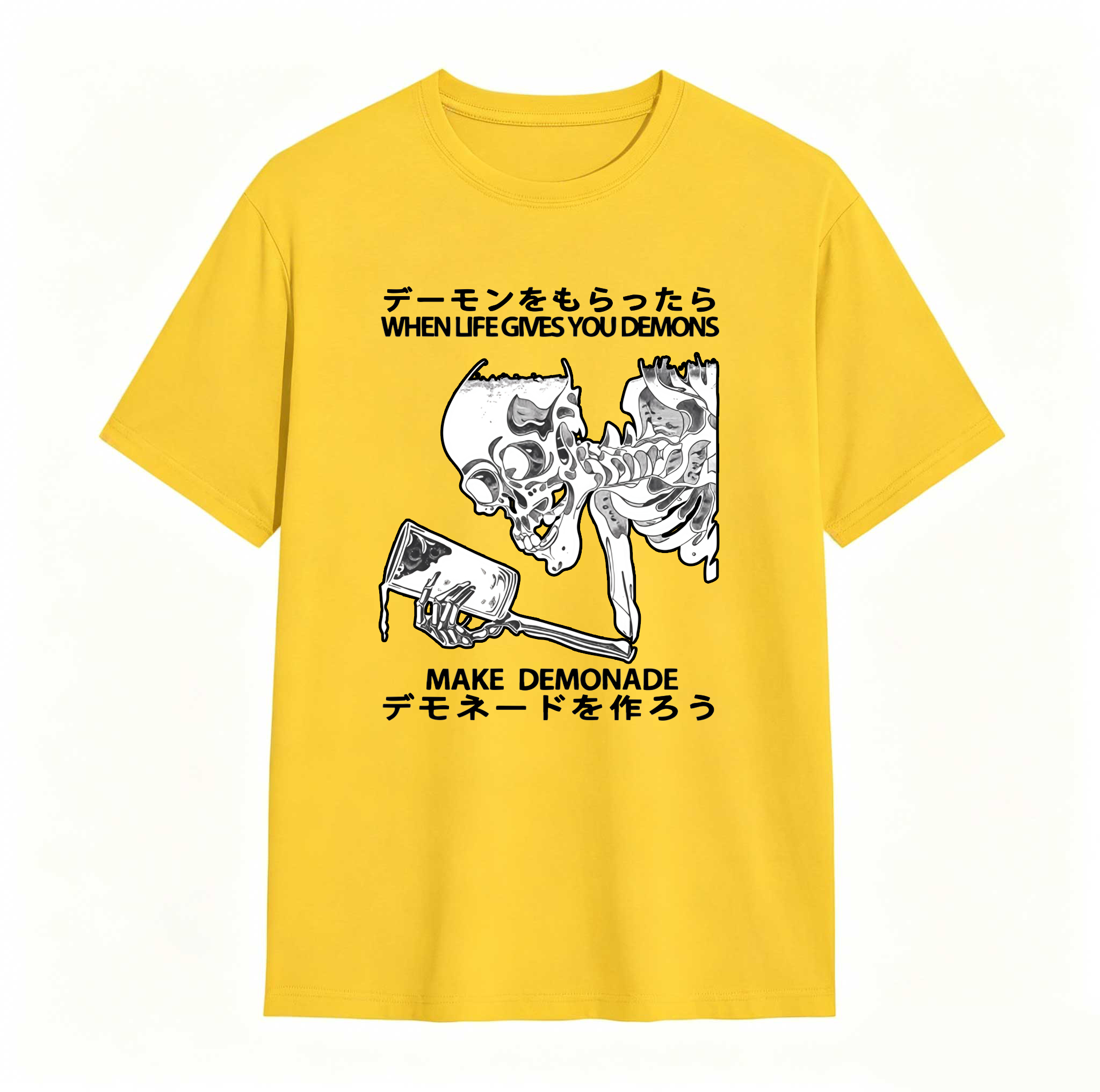 Demon Skeleton Holding Glass With Text tshirt 100% cotton
