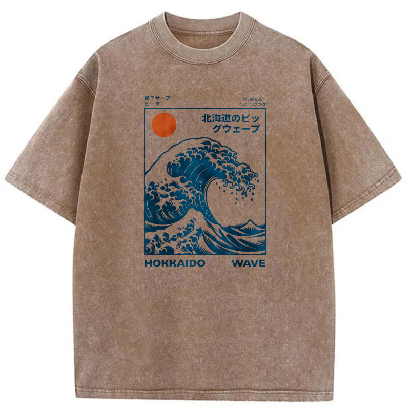 Hokkaido Wave Art Design With Sun And Ocean tshirt 100% cotton