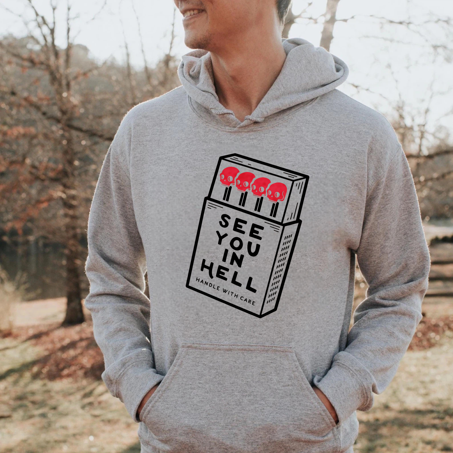 See You In Hell Matchbox Design Hoodie Black Sweatshirt With Pocket And Drawstring Cap