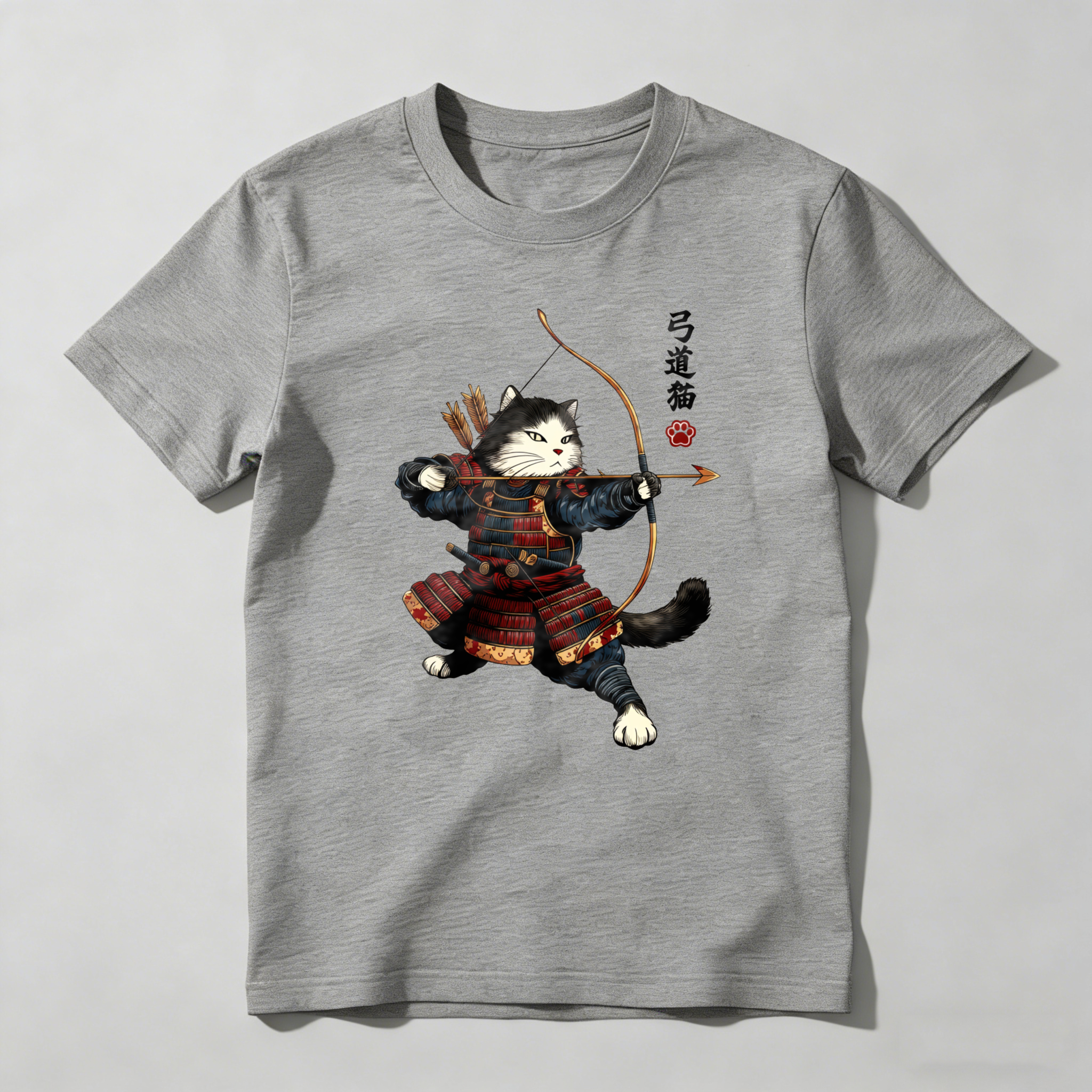 Cat Samurai Archery Warrior Design tshirt 100% cotton