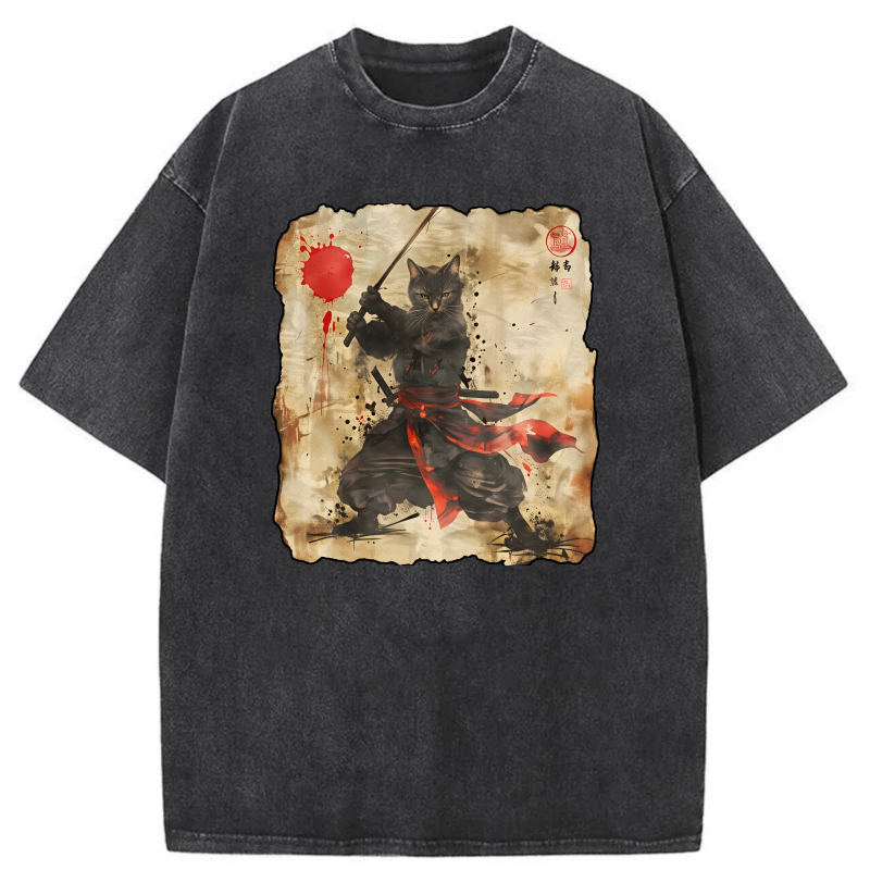 Cat Samurai With Sword And Red Scarf tshirt 100% cotton