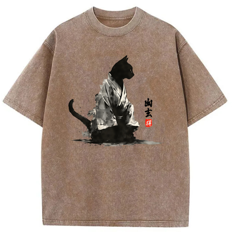 Black Cat In Kimono With Chinese Calligraphy tshirt 100% cotton