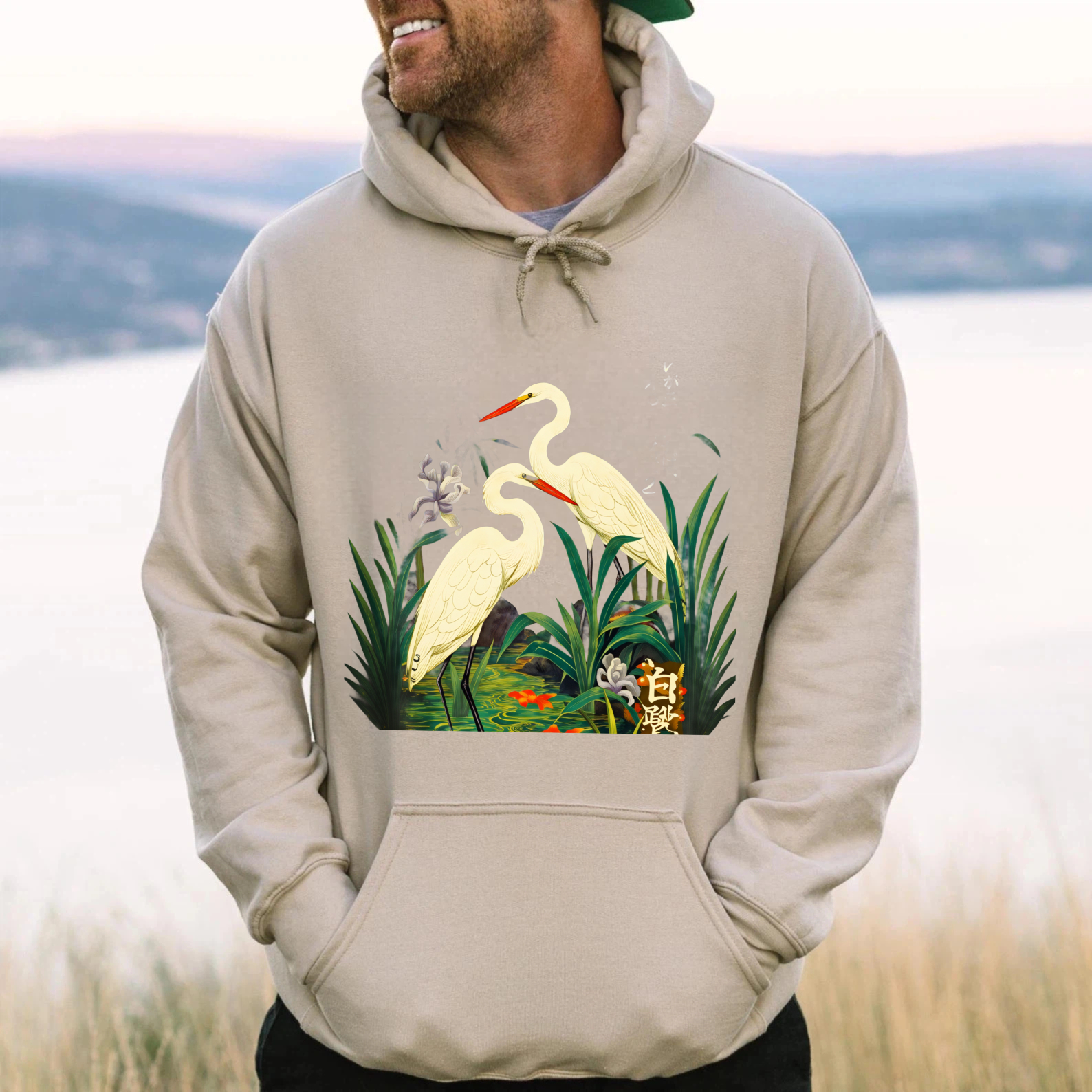 Black Hoodie With Crane And Floral Design Nature Inspired Art Print Sweatshirt