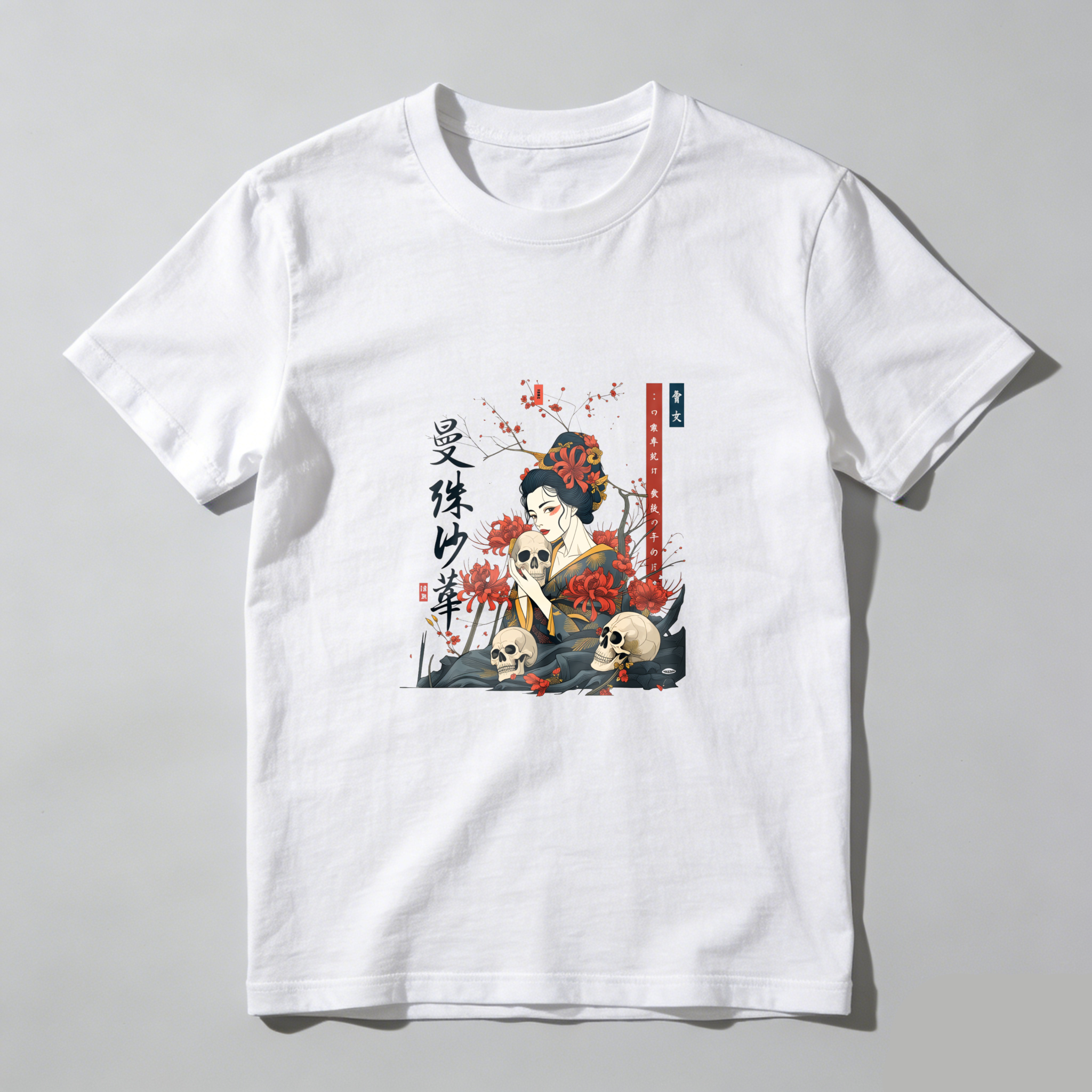 Geisha With Skulls And Cherry Blossoms tshirt 100% cotton