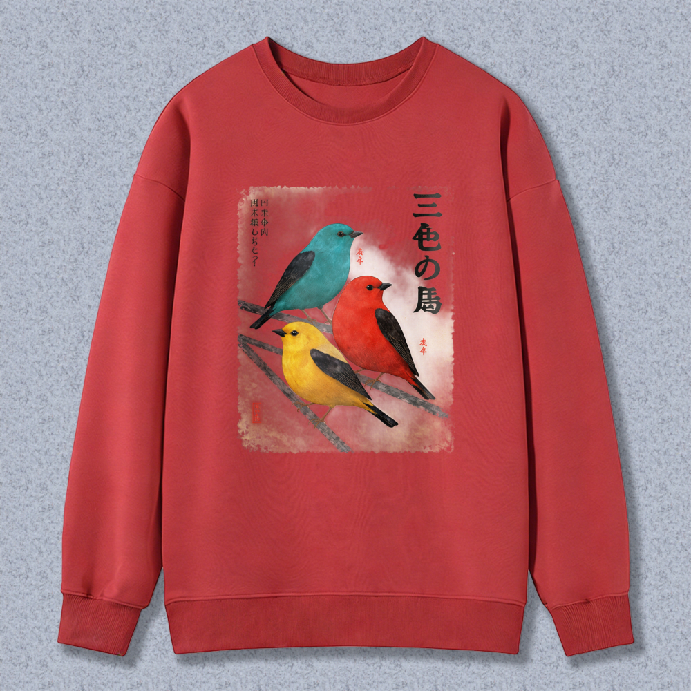 Colorful Birds Japanese Art Sweatshirt Unisex Crewneck Pullover Fashion Graphic Sweatshirt