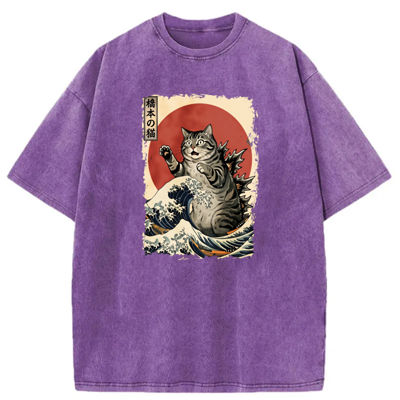 Cat Riding Wave With Red Sun Background tshirt 100% cotton