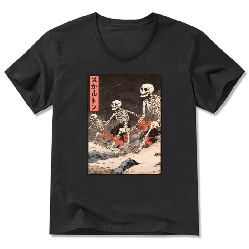 Skeletons In Japanese Style Art T Shirt Black V Neck Design