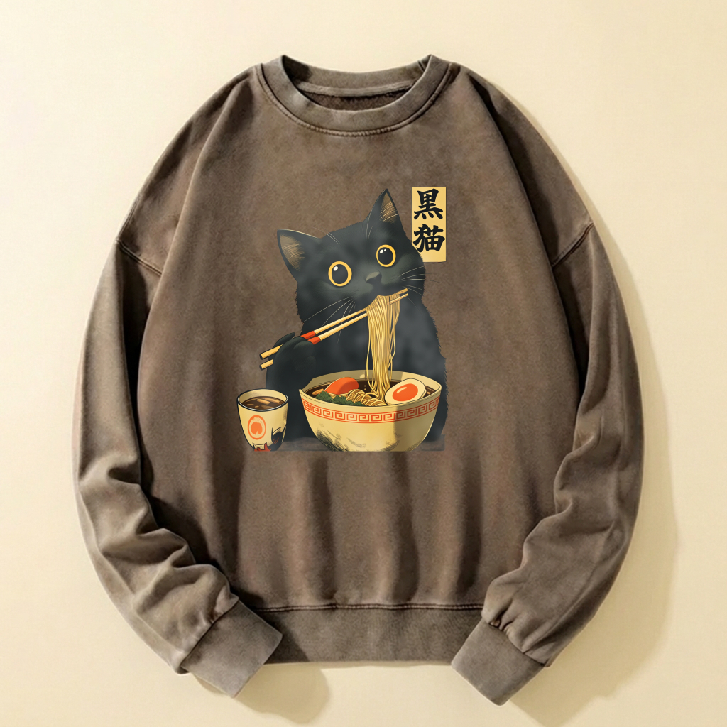 Black Cat Eating Ramen Sweatshirt Unisex Cotton Long Sleeve Pullover Casual Top With Japanese Style Design