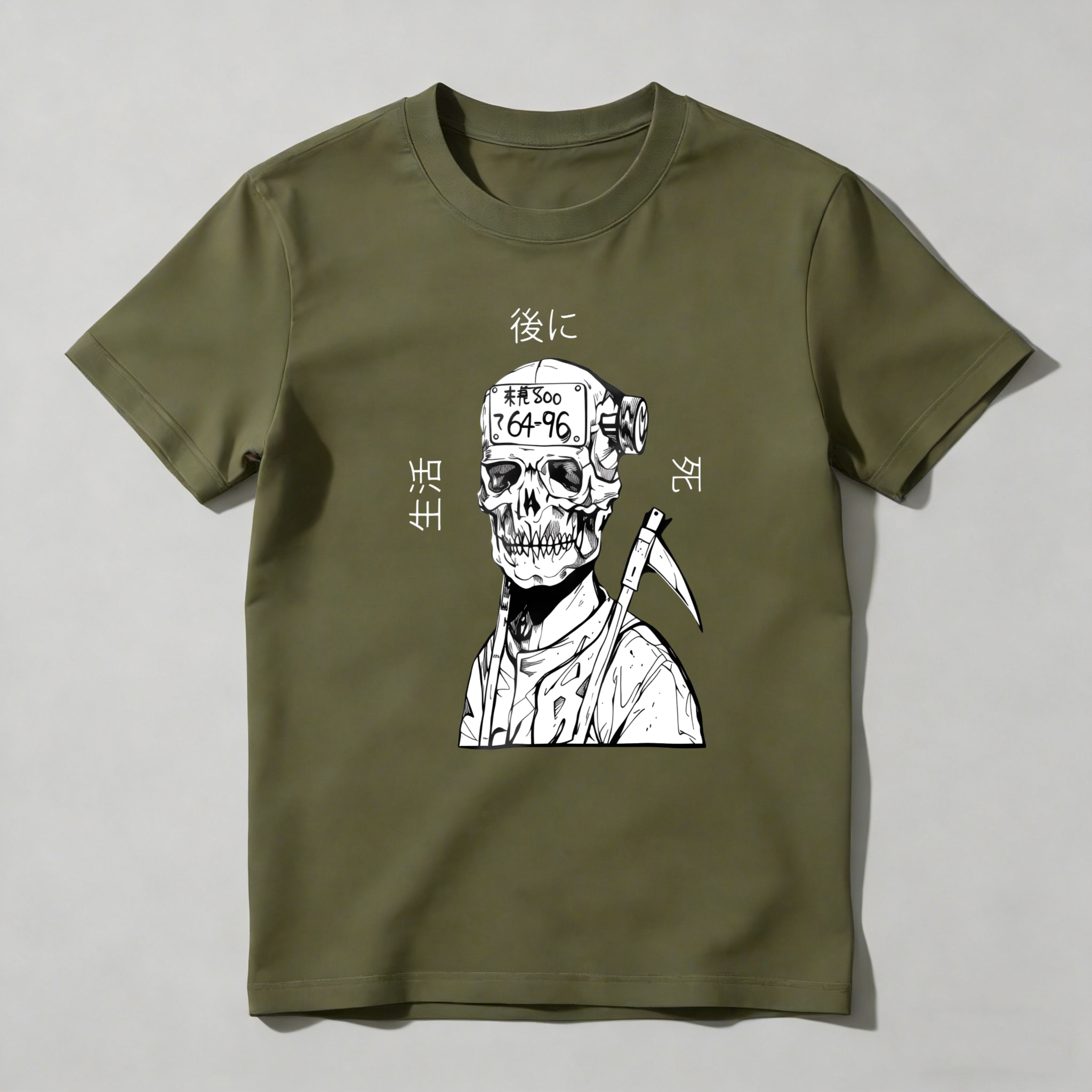 Skull With Scythe And Japanese Text tshirt 100% cotton