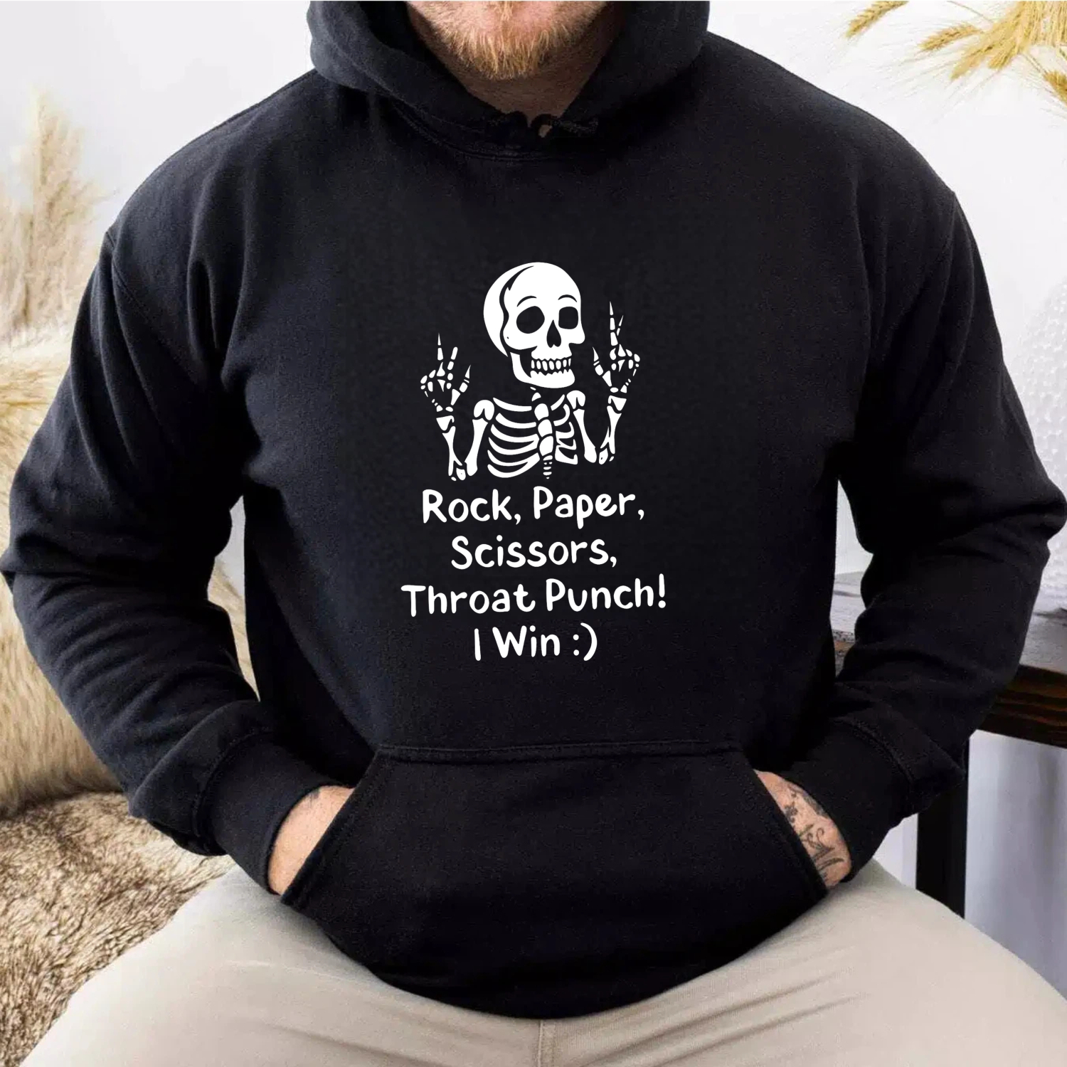 Skeleton Rock Paper Scissors Throat Punch I Win Hoodie Black Funny Sweatshirt