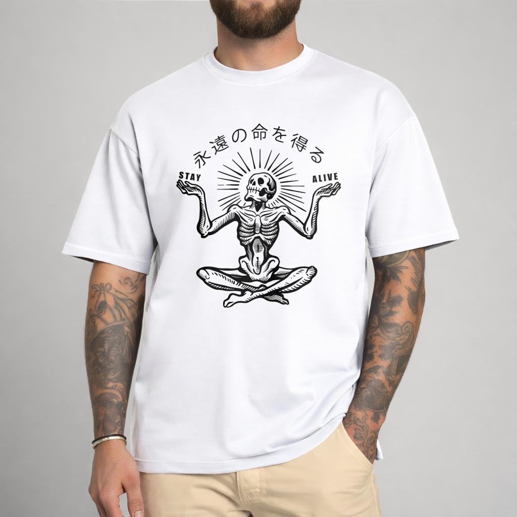 Skeleton Meditating With Sunburst And Text tshirt 100% cotton