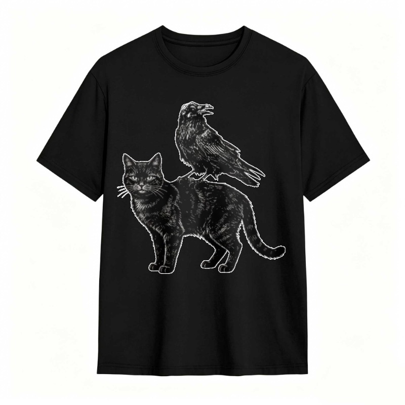 Cat And Raven Silhouette Design tshirt 100% cotton