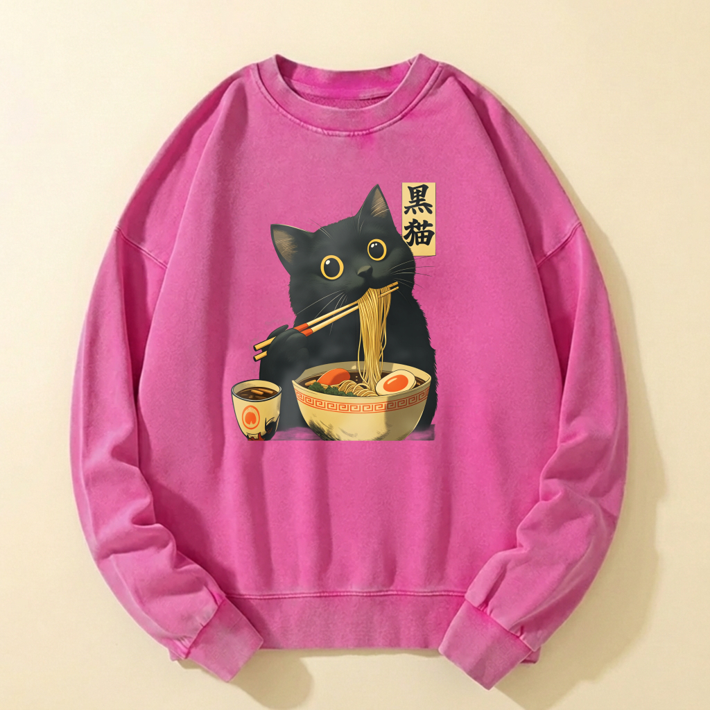 Black Cat Eating Ramen Sweatshirt Unisex Cotton Long Sleeve Pullover Casual Top With Japanese Style Design