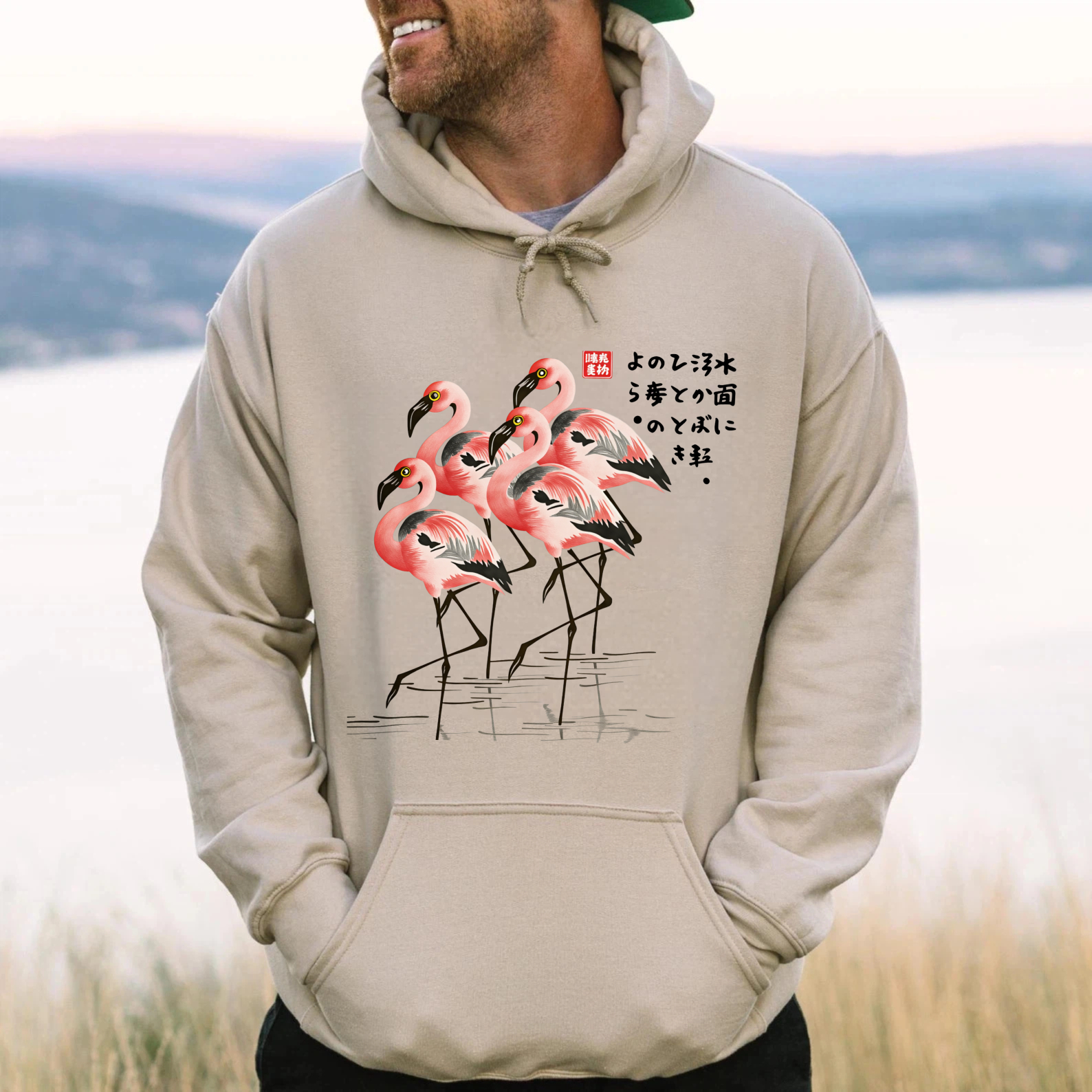 Flamingo Art Print Hoodie Japanese Style Black Sweatshirt With Pocket And Drawstring Cap