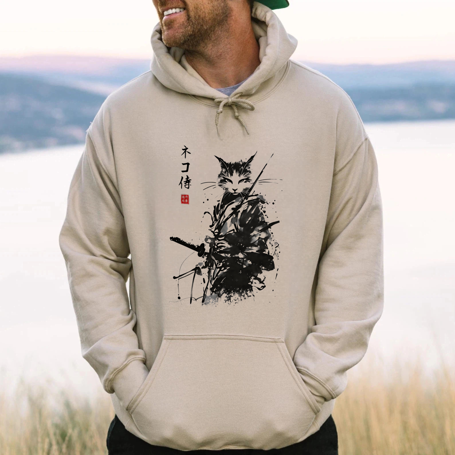 Cat Ninja Warrior Black Hoodie With Japanese Calligraphy Design For Men And Women