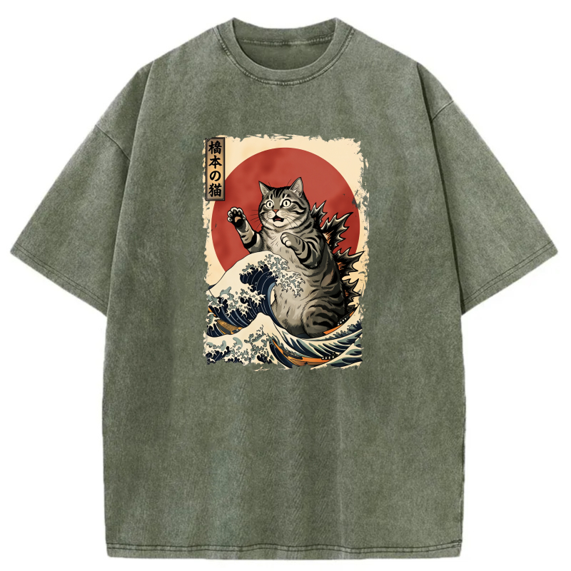 Cat Riding Wave With Red Sun Background tshirt 100% cotton